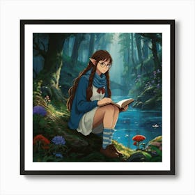 Studio Ghibli ~ Hayao Miyazaki ~ Beautiful elf woman with braided long brown hair, brown eyes, and freckles. wearing a blue scarf, glasses, comfy looking outfit, skirt and thigh highs. sitting and reading a book in a whimsical magical forest with water nearby. whimsical, tetradic colors, The style is highly detailed and vivid, with a blend of realism and fantasy art elements, emphasizing a moody and ethereal ambiance. epic masterpiece, cinematic experience, 8k, fantasy digital art, HDR, UHD. This contrast between the fantastical character and the more traditional fantasy color scheme and elements gives the piece an intriguing narrative quality. 3 Art Print