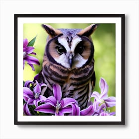 Owl In Purple Flowers 2 Art Print