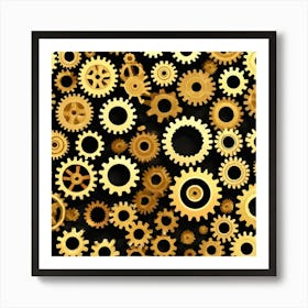 Gold Gears On Black Background Art Print