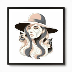 Elegant Woman with Hat And Cats Pastell Color Drawing Art Print