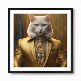 A Super Wealthy Hippie Muscular Cat Wearing A Beautiful Tailored Golden Suit, Heterochromia Iridum,M Art Print