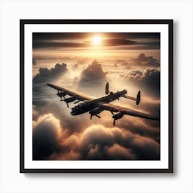 Lancaster Bomber flying through mist and clouds sun in background over dover 2/4 (ww2 World War 2 Pilot Flying Ace Sunset) Art Print