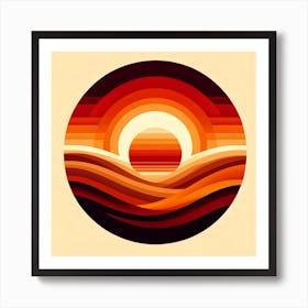 Title: "Desert Mirage: The Warmth of Abstract Dunes"  Description: "Desert Mirage" is an abstract representation that conveys the heat and movement of a desert landscape under the intense gaze of the sun. The piece features a series of concentric shapes and lines that evoke the sun's radiance and the shifting sands of dunes. The warm color palette ranges from deep burgundy to vibrant orange, reminiscent of the changing colors of the desert throughout the day. The circular composition draws the viewer's eye inward, creating a sense of immersion in this stylized environment. This artwork is a nod to the beauty of the desert's form and the mesmerizing patterns created by nature's elements, perfect for spaces that appreciate bold colors and the essence of the earth's natural landscapes. Art Print