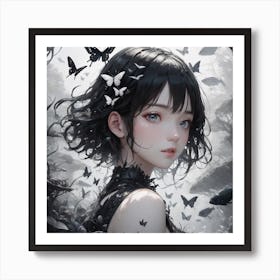 Girl With Black Hair And Butterflies Art Print