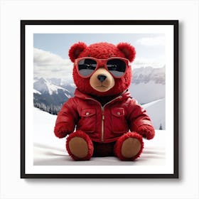 Illustration d'un ourson rouge avec une lentille de ski Art Print