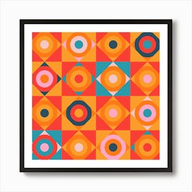 GEOMETRIC CIRCLE CHECKERBOARD TILES in Southwestern Desert Colours Coral Orange Blush Pink Teal Blue Art Print