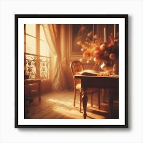 An Open Window to the Past: A Nostalgic Look at a Traditional Dining Room with a Single Table and Chair, Bathed in Warm Sunlight Art Print