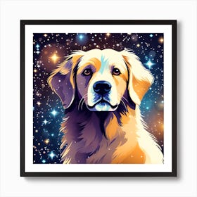 Golden Retriever in a starry night, colorful dog illustration, dog portrait, animal illustration, digital art, pet art, dog artwork, dog drawing, dog painting, dog wallpaper, dog background, dog lover gift, dog décor, dog poster, dog print, pet, dog, vector art, dog art, golden retriever  Art Print