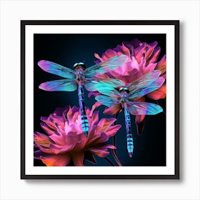 Dragonflies On Flowers Art Print