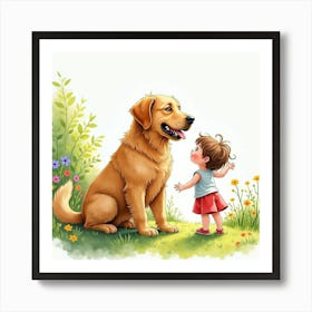 A Golden Retriever And A Child Enjoying A Summer Day In The Garden, Watercolor Art Print