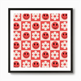 Checkered Red Happy Faces with White Flowers Art Print