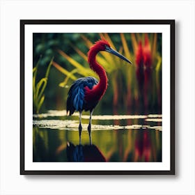 Long Necked Red and Blue Bird in Tropical Lagoon Art Print