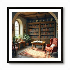 Ancient Library With Magical Tomes, Watercolor 1 Art Print