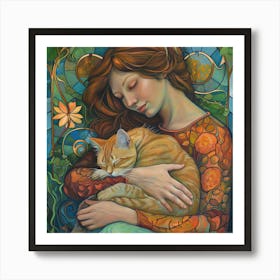 Woman with her Beloved Cat in Style of Art Nouveau 6 Art Print