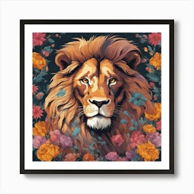 Lion With Flowers Art Print