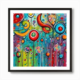 Colorful Abstract Painting- Vibrant colors and whimsical shapes come together to create a fantastical garden-like scene with abstract floral and circular elements. Bold, fluid lines and contrasting hues give the piece a sense of movement and joyful energy Expressionism Art Print