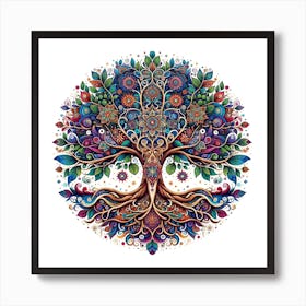 "Kaleidoscopic Canopy: The Mystical Tree of Wonders" - This artwork is a dazzling celebration of life and nature, where each leaf and branch of the Tree of Life is adorned with intricate, mandala-inspired patterns, bursting with a vibrant spectrum of colors. This visual feast signifies the interconnectedness of all beings and the pulsating energy of the natural world. Perfect for those who appreciate a blend of cultural symbolism and enchanting artistry, this piece is designed to be a mesmerizing focal point, inviting viewers to lose themselves in the details and find inspiration in the beauty of diversity. Art Print