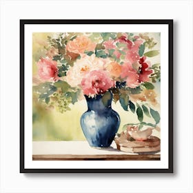 Watercolor Flowers In A Blue Vase Art Print