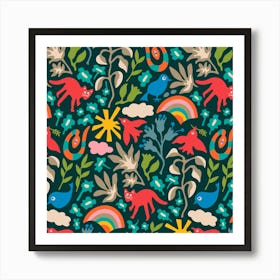 LAND OF PLENTY Cute Outdoors Wildlife Nature Birds Animals Snake Flowers Rainbow in Bright Colors Art Print