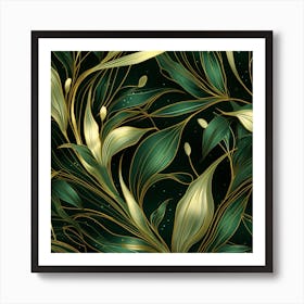 Gold Leaves On A Black Background 1 Art Print