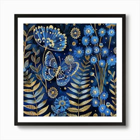 Blue Flowers And Butterflies 2 Art Print