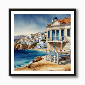 House By The Sea.Summer on a Greek island. Sea. Sand beach. White houses. Blue roofs. The beauty of the place. Watercolor. Art Print