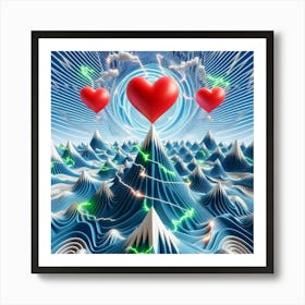 3 Dimensional Mountains With Multiple Green Lightning And White Swirls In A Vortex Of 3 Red Hearts 3 Art Print