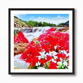 Red Flowers In A Waterfall Art Print