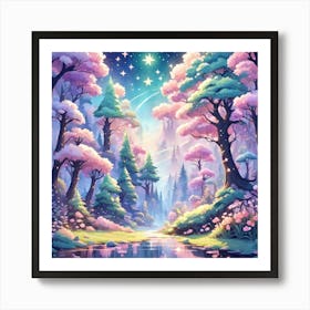 A Fantasy Forest With Twinkling Stars In Pastel Tone Square Composition 71 Art Print