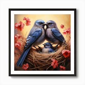 Bluebirds In Nest, A Pair Of Birds Building A Nest Representing Love Home And Family Art Print