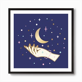 Hand Among Stars With Moon Art Print