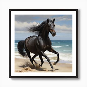 Black Horse On The Beach Art Print