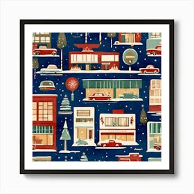 Cars Snow City Landscape Vintage Old Time Retro Pattern Art Print