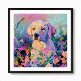 Puppy Posing amidst in Flowers Art Print