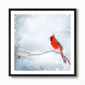 Wintery Scene A Vibrant Cardinal Bird Stands Out Against The White Background Snowflakes Gently F Art Print