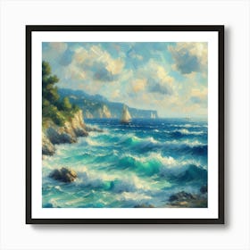 Seascape With The Waves, Acrylic Painting Style Art Print