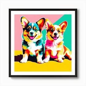 'Corgi Pups', This Contemporary art brings POP Art and Flat Vector Art Together, Colorful Art, Animal Art, Home Decor, Kids Room Decor, Puppy Bank - 79th Art Print