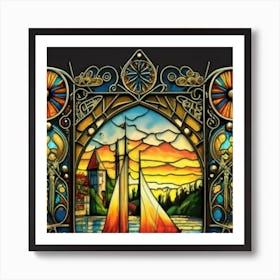 Image of medieval stained glass windows of a sunset at sea Art Print