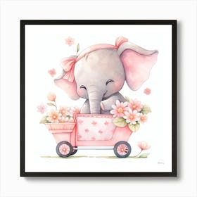 Little Elephant In A Pink Cart - nursery decor, baby girl Art Print