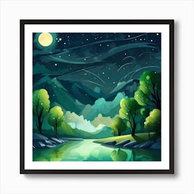 Landscape With Trees And Moon Art Print