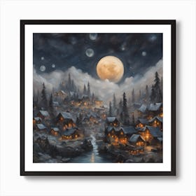 Full Moon In The Village Art Print