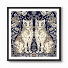 William Morris Classic  Inspired  Cats Brown And White Blue Square Art Print