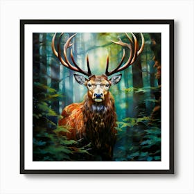 Watercolor Majestic Stag In Forest Studio Photography Complex Details High Detail Art Print