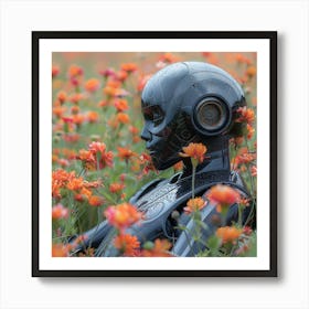 Robot In A Field Of Flowers Art Print