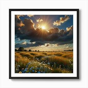 A Beautiful Tan And Blue Heavenly Clouded Sky With The Sun Peeking Behind Glowing Onto A Field Of Wildflowers (1) Art Print