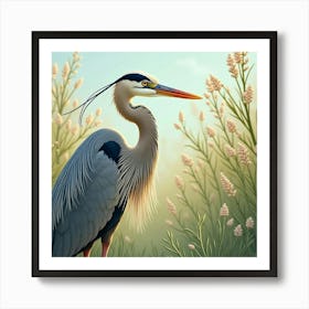 Heron By Blooming Reeds 1 Art Print