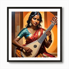 Indian Woman Playing Sitar Cubism Style Art Print