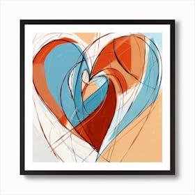 Heart Doodle Sketch Blue & Orange 3 Art Print