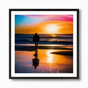 Person Walking On The Beach At Sunset Art Print