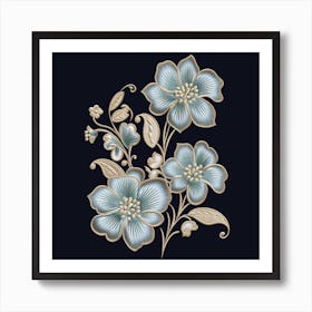 Dark Vintage Line Art of Blue Flowers Art Print